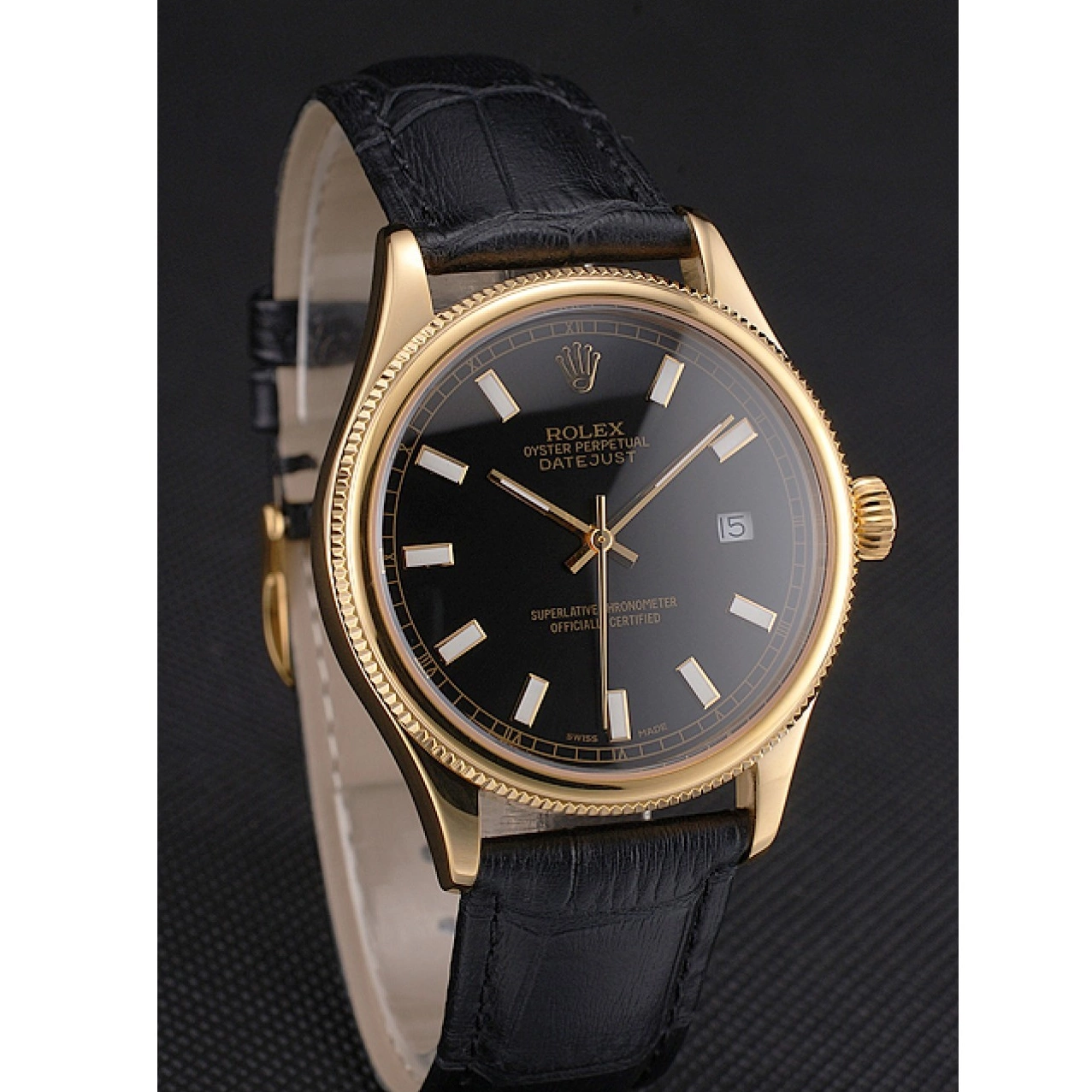 Aaa replica Black Dial Gold Datejust Strap Swiss Case Rolex Black Leather 0521